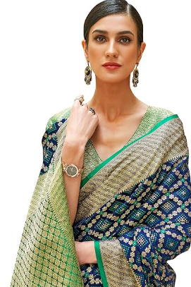 SWORNOF Women's Patola Silk Saree With Unstitched Boluse Piece (BLUE)