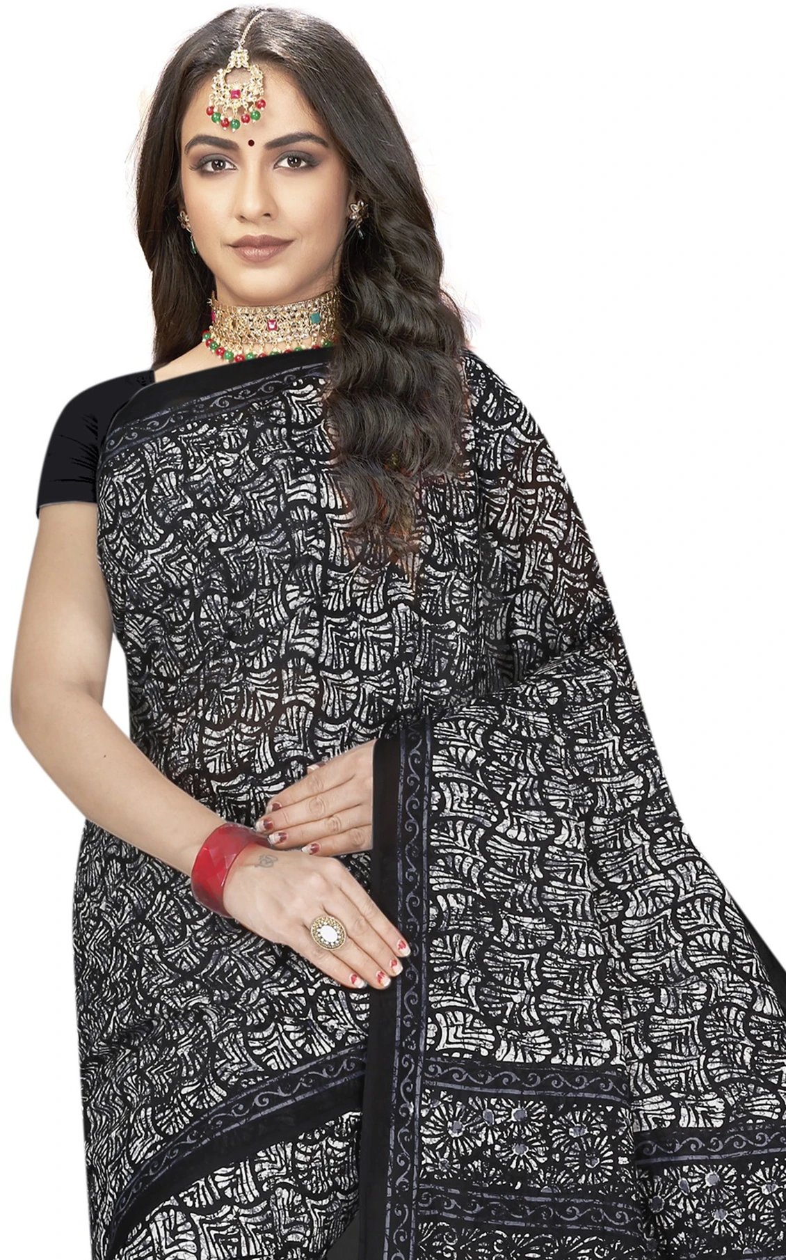 TAMAIRA FASHION Printed Daily Wear Pure Cotton Saree (Black)