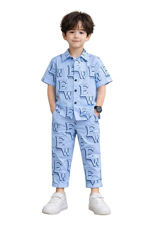 Boys Letter Print Co-ord Set, White, Cotton Blend, Half Sleeve Shirt and Trouser, Casual & Outing Wear Kids Outfit