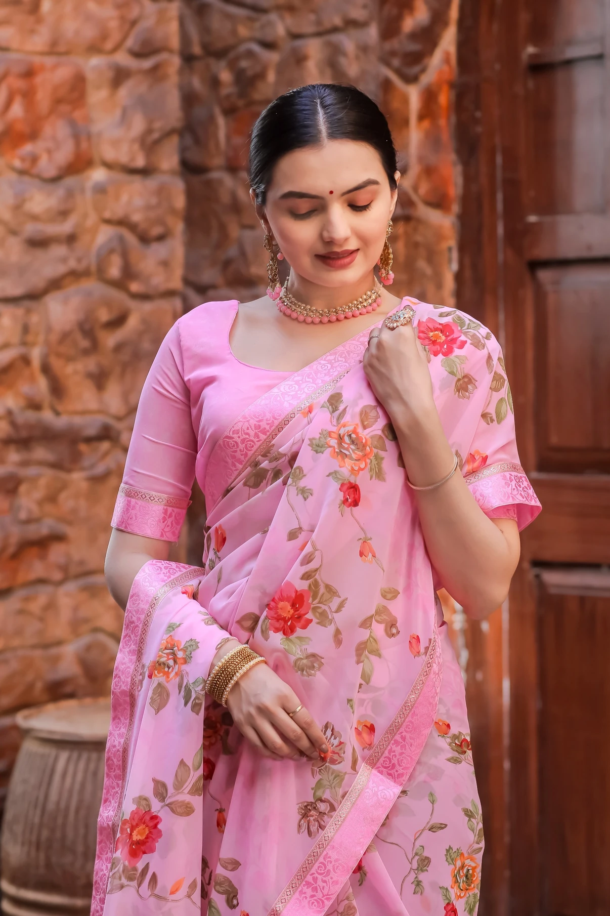 bhavika silk mills Printed Daily Wear Georgette Saree (Pink)