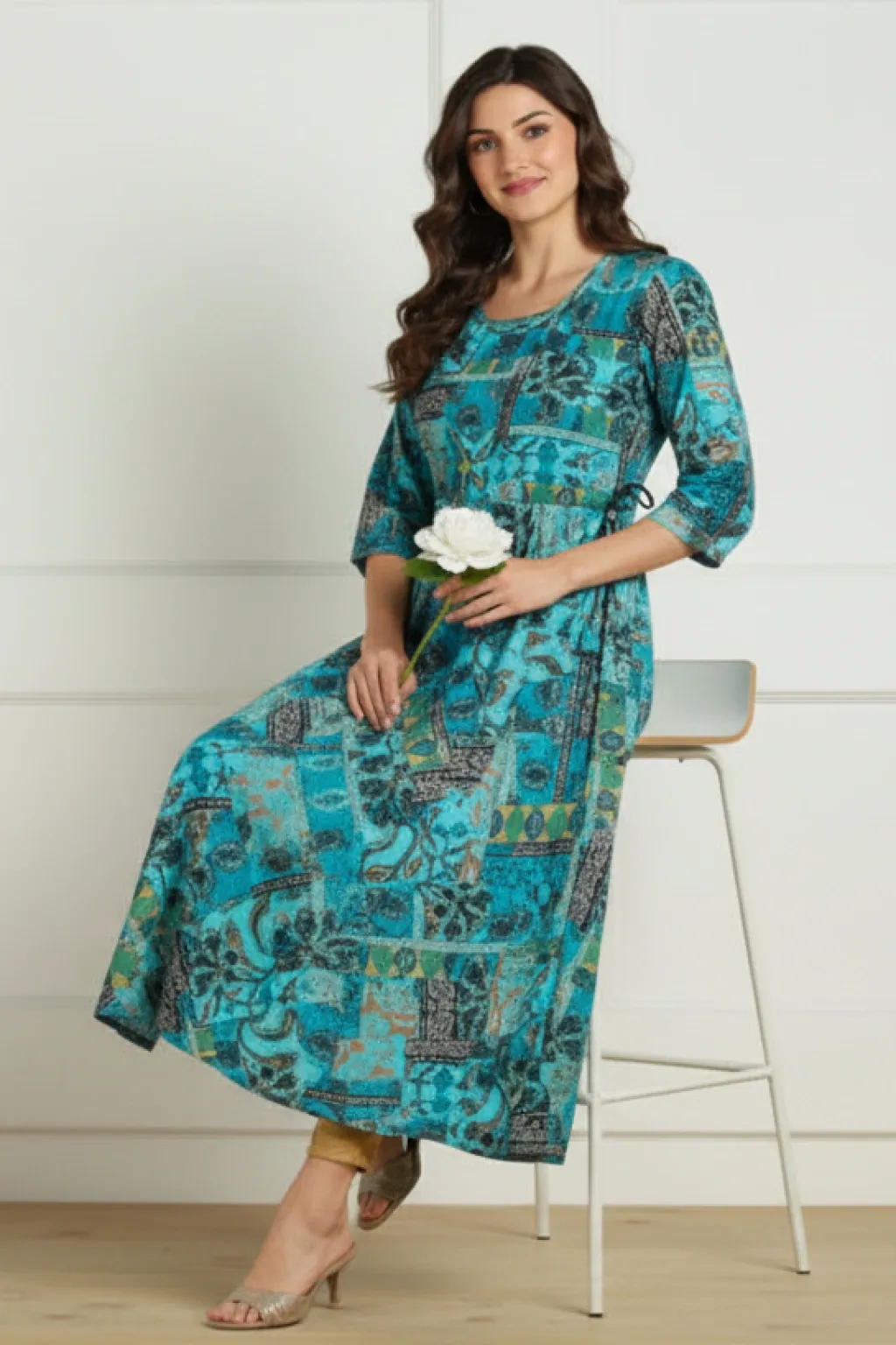 Long kurti in Premium Rayon Fabric with Multi Ethinic Print, Bell Sleeve and Dori a