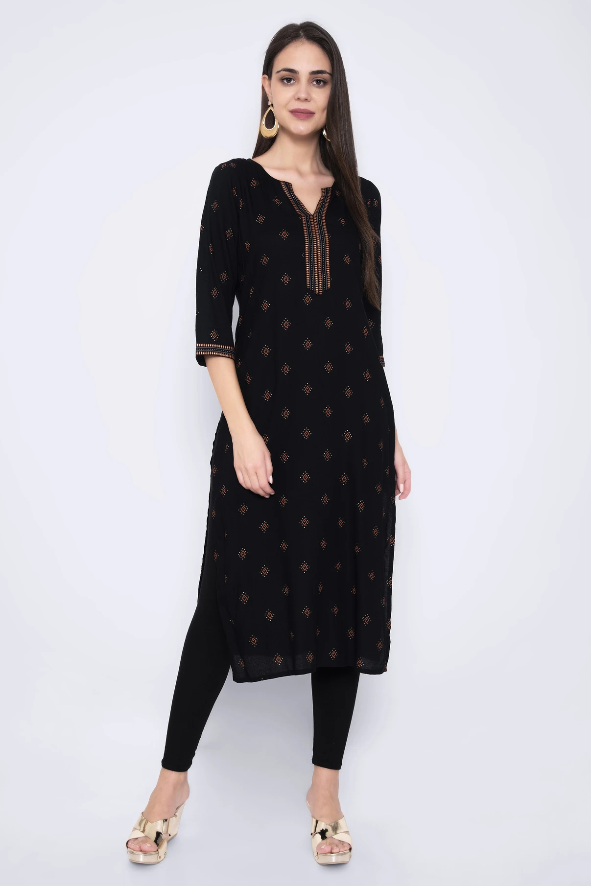 Women Printed Viscose Rayon Straight Kurta (Black)