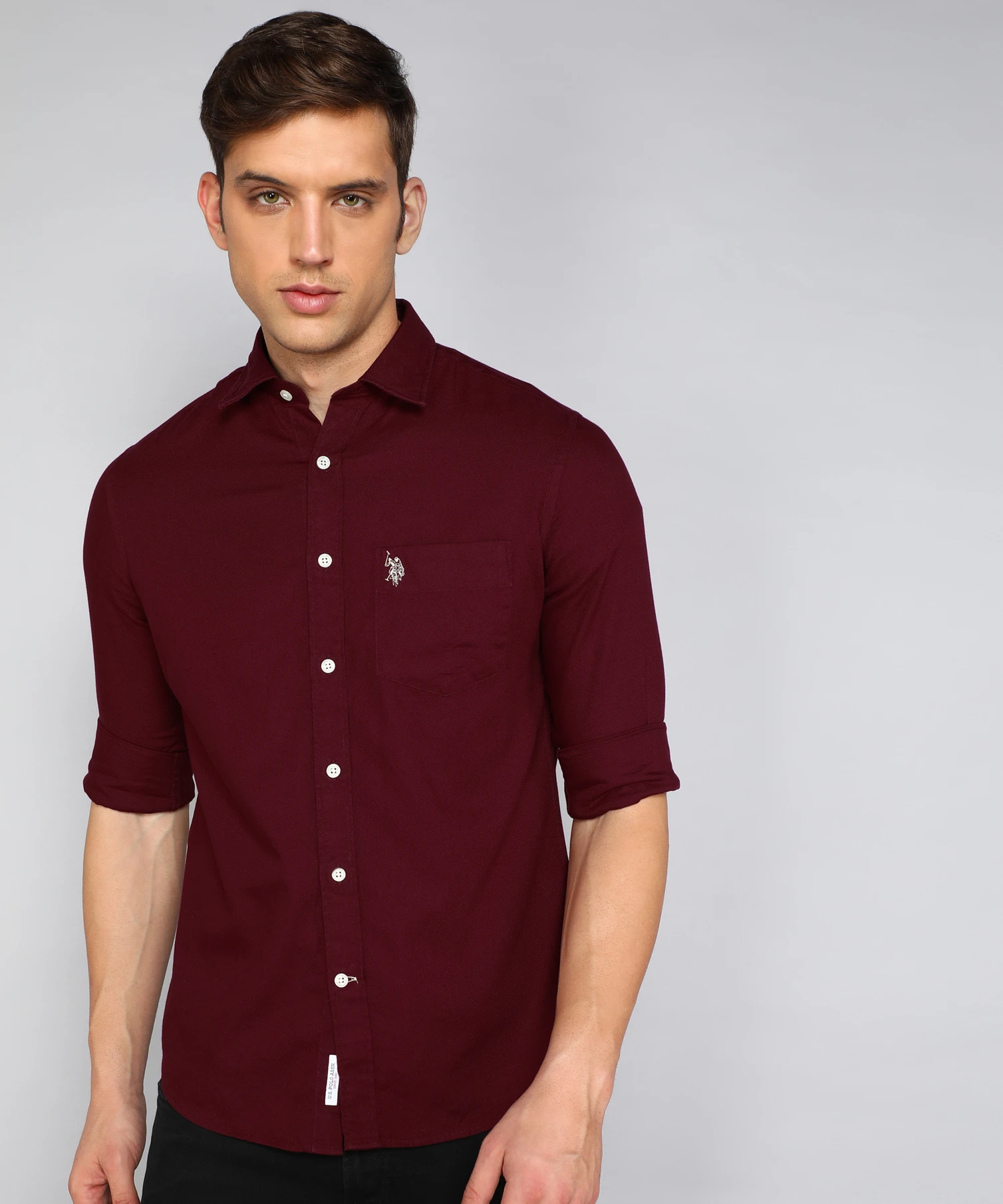 U.S. POLO ASSN. Men Tailored Fit Self Design Cut Away Collar Casu...more