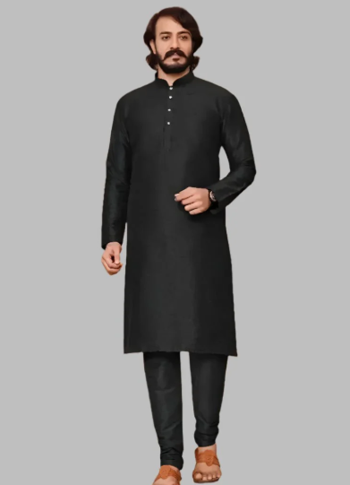 Elegant Black Cotton Solid Cotton Kurta Pyjama Set for Men