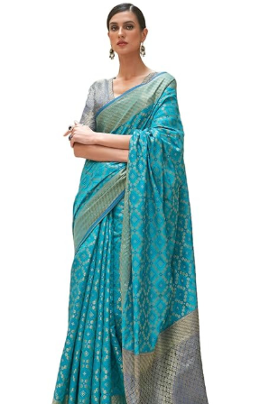 SWORNOF Women's Patola Silk Saree With Unstitched Boluse Piece (Firozy), Multicolor