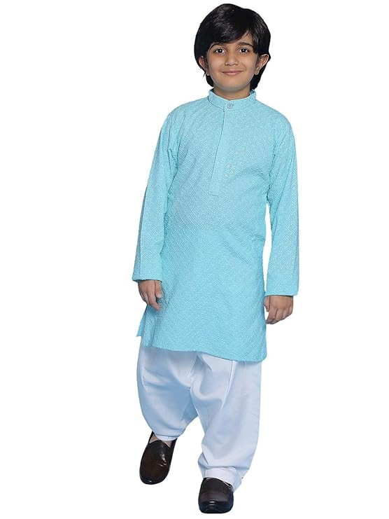 AJ DEZINES Boys Ethnic Kurta Pajama Set | Cotton Full Sleeve Chikankari Kurta with Sequins | Traditional & Festive Outfit | Mandarin Collar, Regular Fit | Special Occasion Outfit for Kids