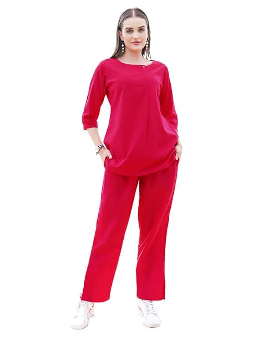 Solid Cotton Mandarin Collar Tunic & Trouser Co-Ord Set for Women | Three-Quarter Sleeves & Elastic Waist Bottom | Casual Wear Outfit | L | XL | XXL | 3XL
