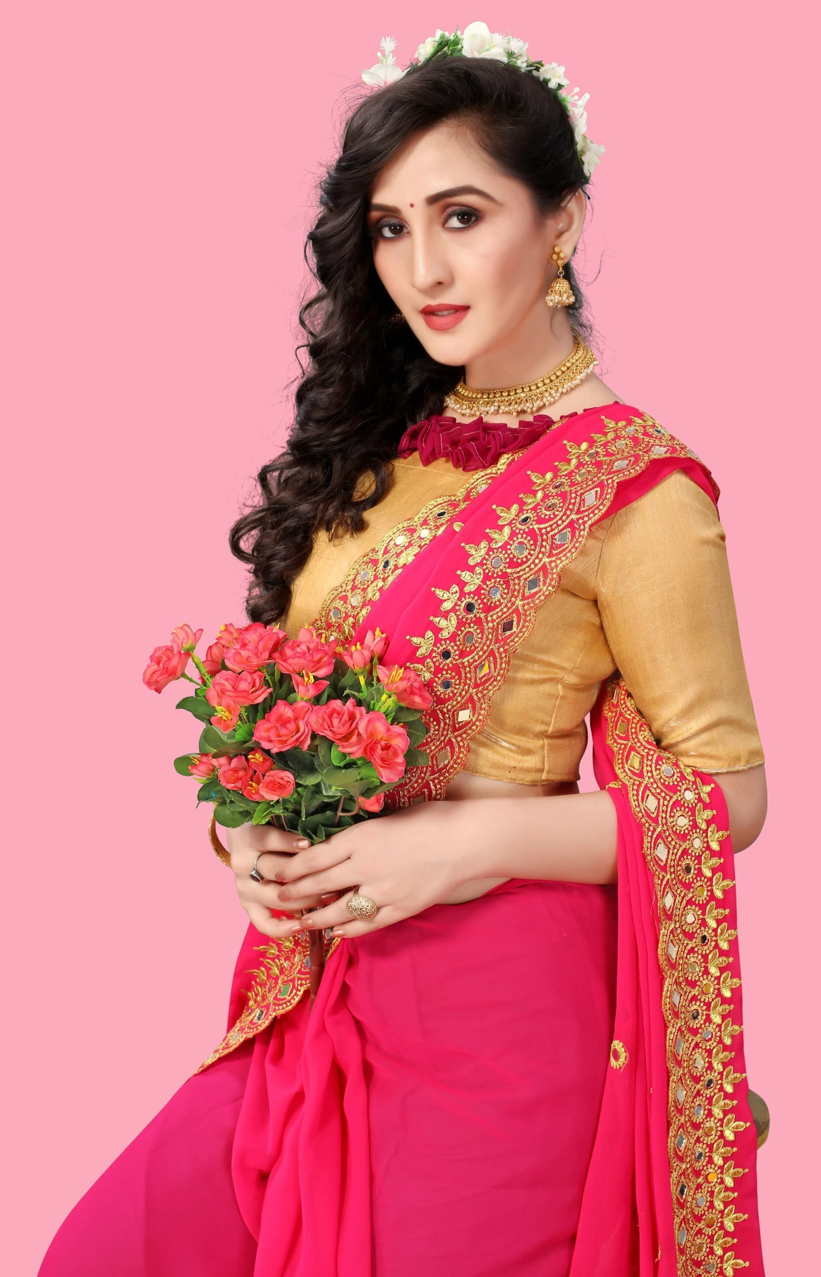 NETRA BOUTIQUE Embroidered Bollywood Georgette Saree (Pink)