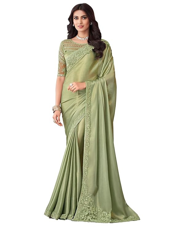 Women's And Girls Embroidery Lace & Sequence Embroidery Banarasi Silk Saree With Unstitched Blouse Piece