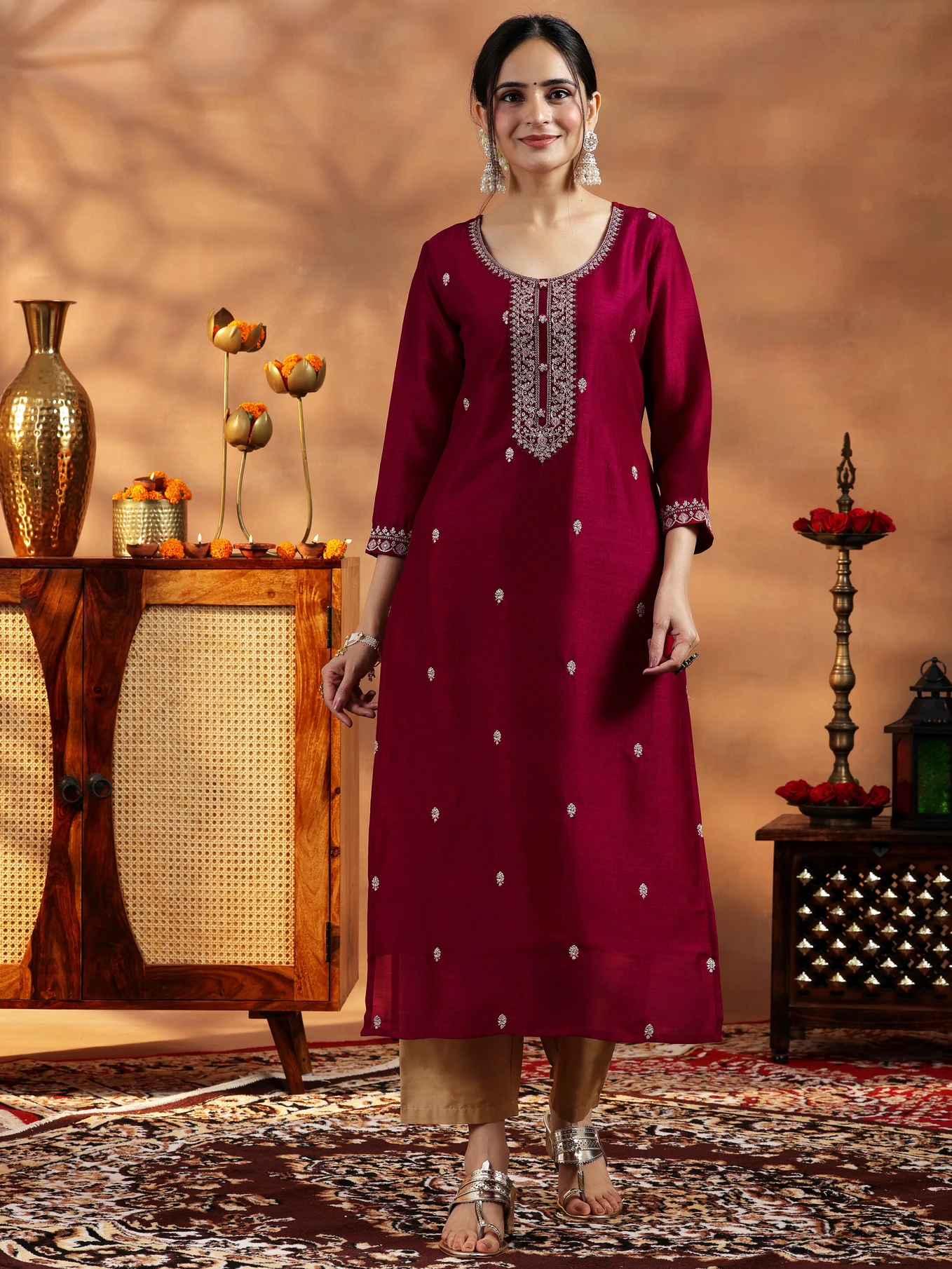LIBAS Women Embroidered Silk Blend Straight Kurta (Maroon)