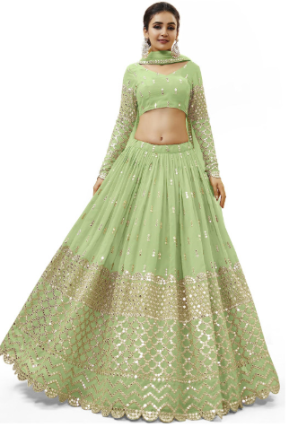 Women's Sequins Zari Embroidered Georgette Semi Stitched Lehenga Choli With Dupatta Free Size Pista