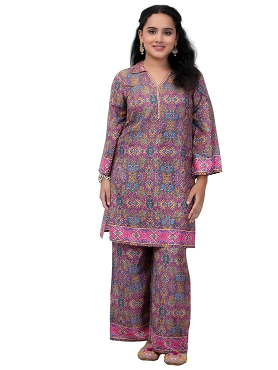 Yash Gallery Women's Wrinkle Free Microfiber Fabric Printed Kurta Pant Co-ord Set | Soft & Lightweight Fabric | Collerd V-Neck Straight Kurta| Comfortable Ethnic Coord Set