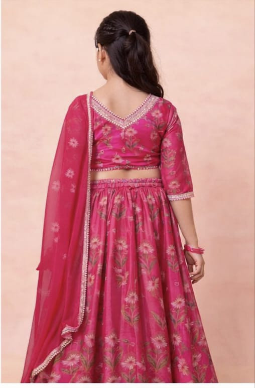 Dark Pink Floral Print Lehenga With Blouse And Dupatta (Set of 3)
