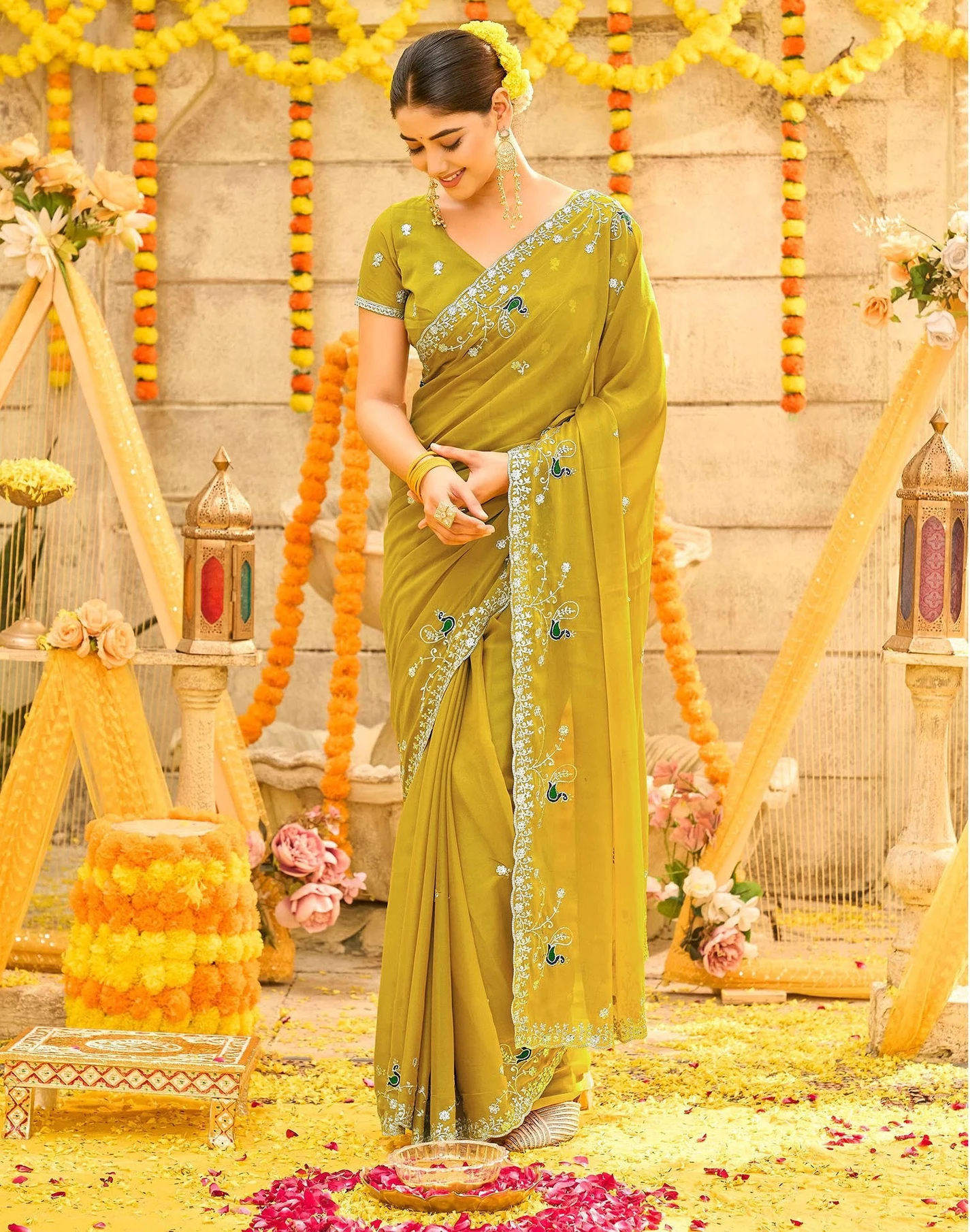 Satrani Embroidered, Embellished Bollywood Georgette Saree (Mustard, Yellow)