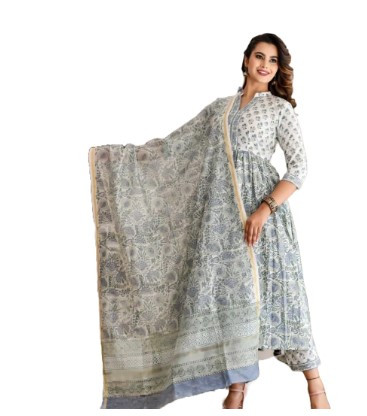 Women Block Printed Anarkali Kurta and Pant Set with Printed Dupatta in White