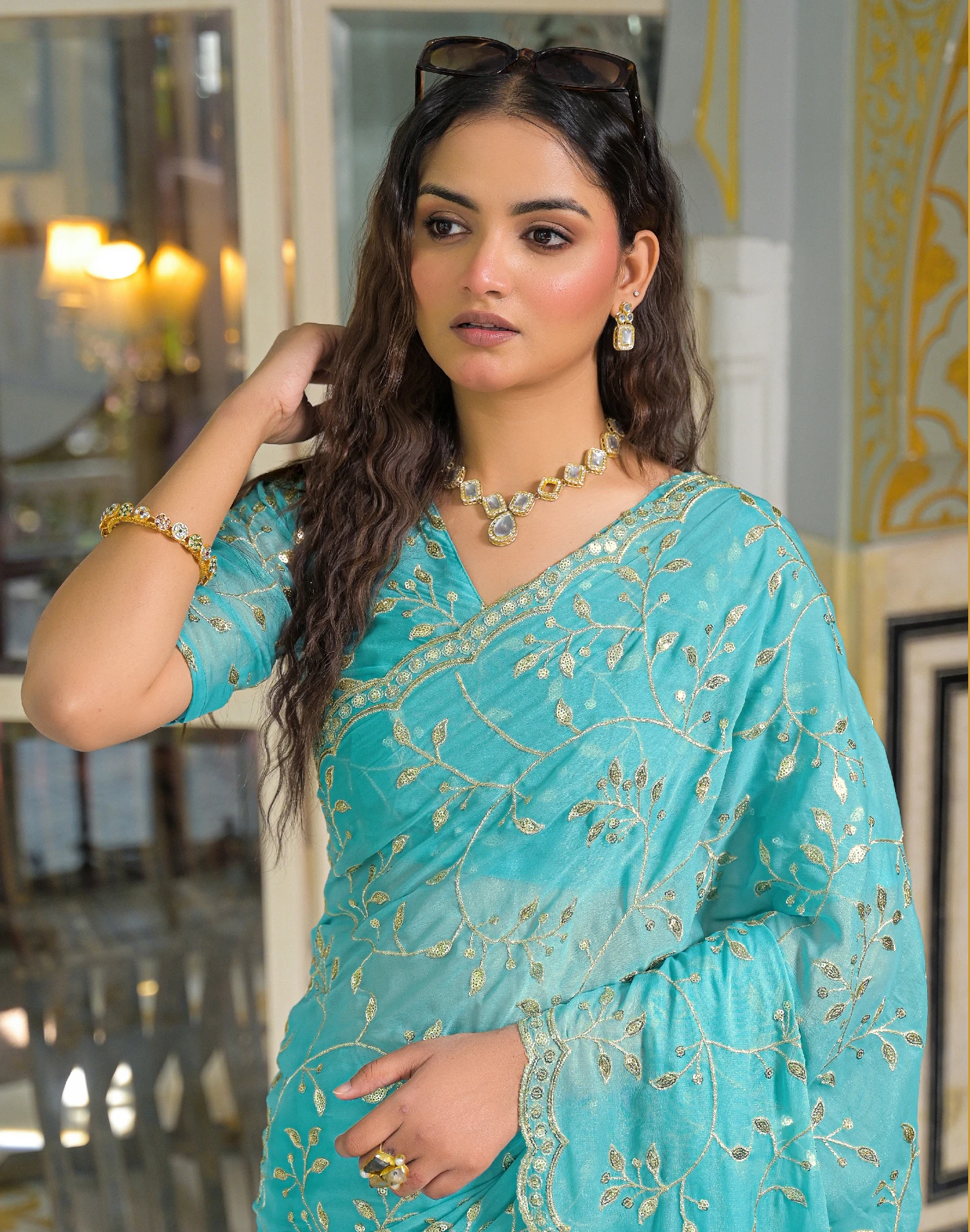 Satrani Embroidered, Embellished Bollywood Georgette Saree