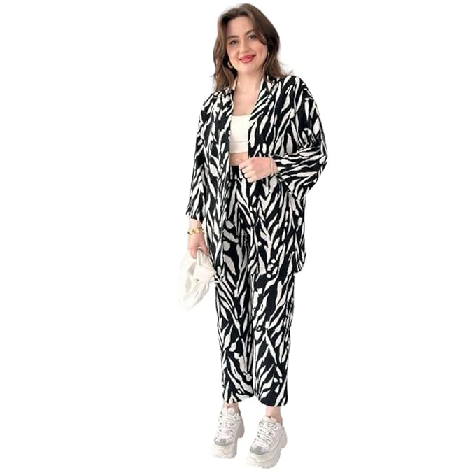 Gufrina Women's Polyester Co-Ord Set with Button-Up Top & Wide Leg Pant 3/4th Sleeves Collar Neck Printed Pattern Regular Fit and Standard Length