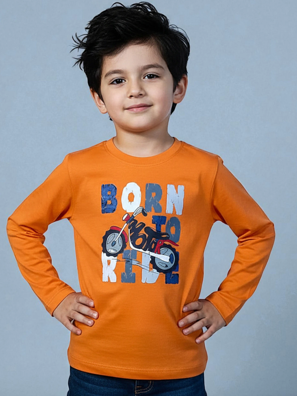 Boys Self Design Pure Cotton Regular T Shirt (Orange, Pack of 1)