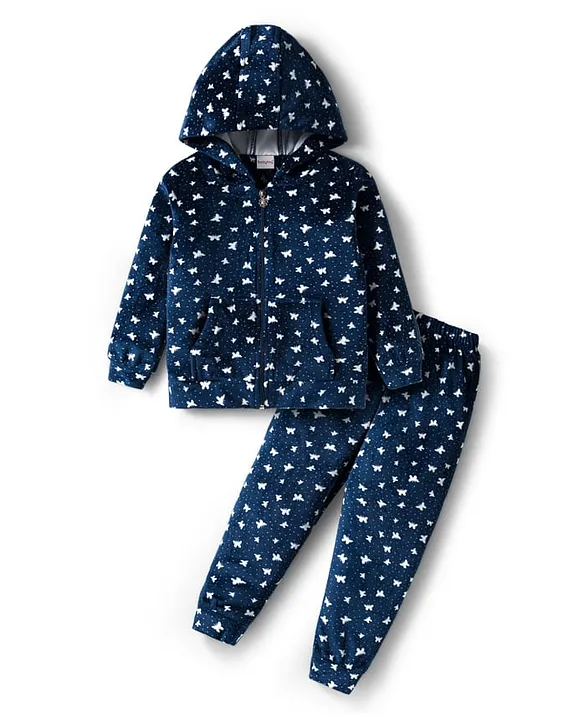 Velour Woven Full Sleeves Co-ords Hooded Winter Wear Suit with Butterfly Print - Navy Blue