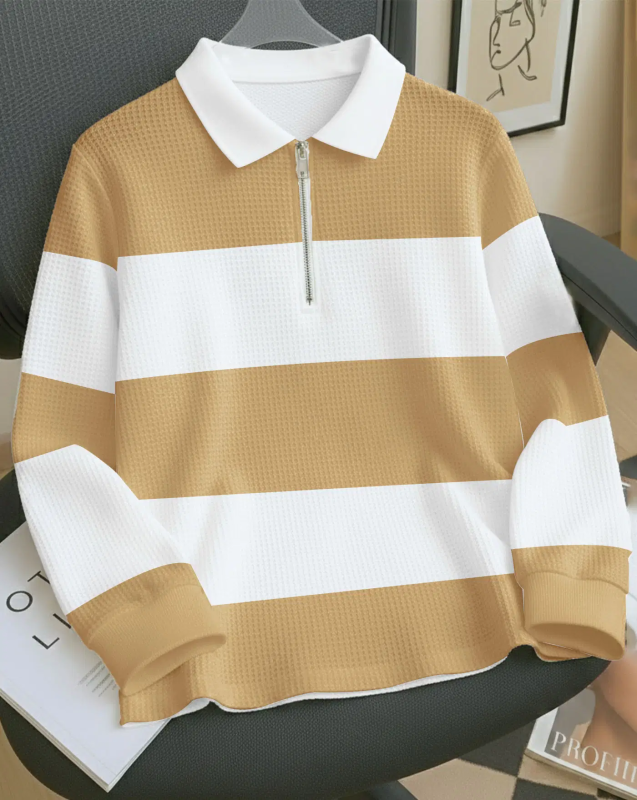 Men Cotton Blend Regular Fit Striped Polo T Shirt ( Beige )