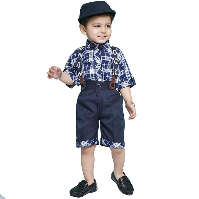 AJ DEZINES Kids Cotton Blend Half Sleeve Shirt Shorts Suspender Cap Bow Tie Set For Boys