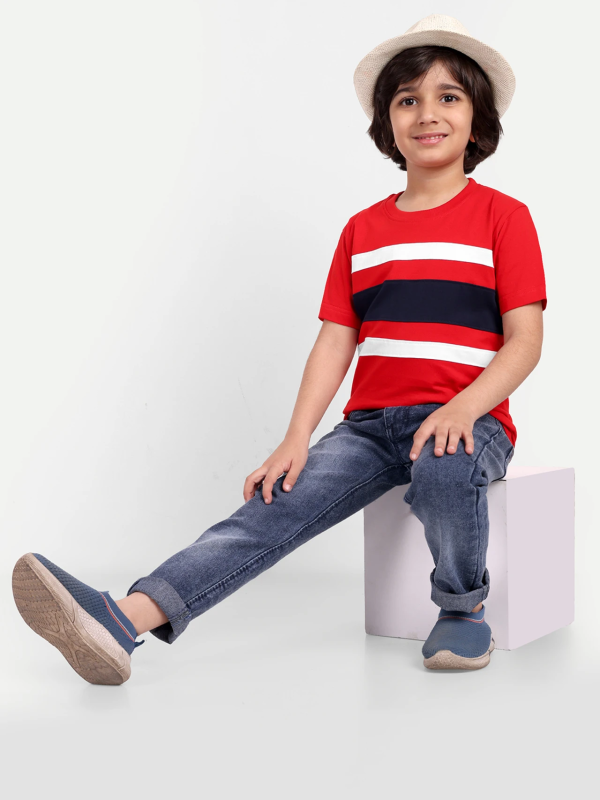 Boys Striped Pure Cotton Regular T Shirt (Red, Pack of 1)