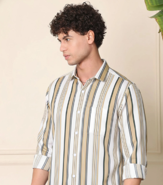 S-Line Men Slim Fit Striped Spread Collar Casual Shirt