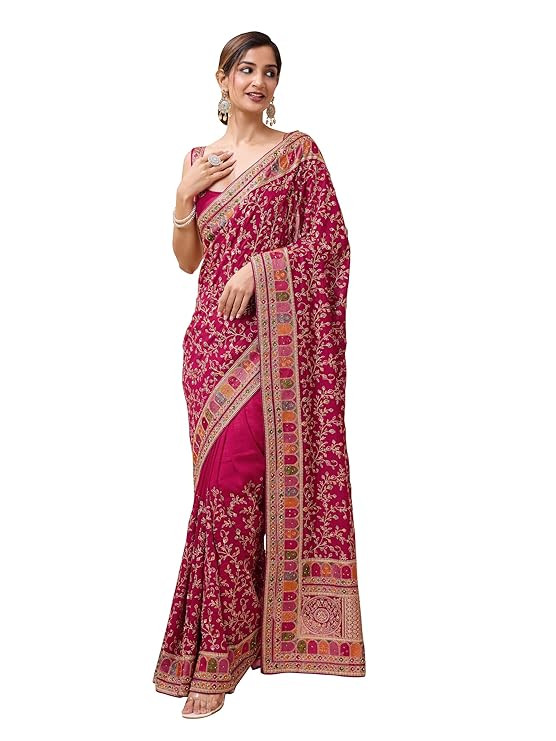 TRENDMALLS Women's Vichitra Silk Embroidery, Siroski Stone Work Saree with Unstitch Blouse Piece