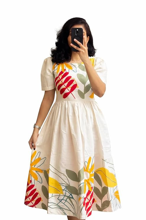 Pink Fantasy Ethnic Gown, Floral Print, Puff Sleeves, Gathered Skirt, Cream, Women,Cotton Gown Design (46)