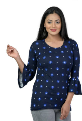 Elegant Navy Blue Lycra Floral Print Women Tops with with a Free Key Ring Regular