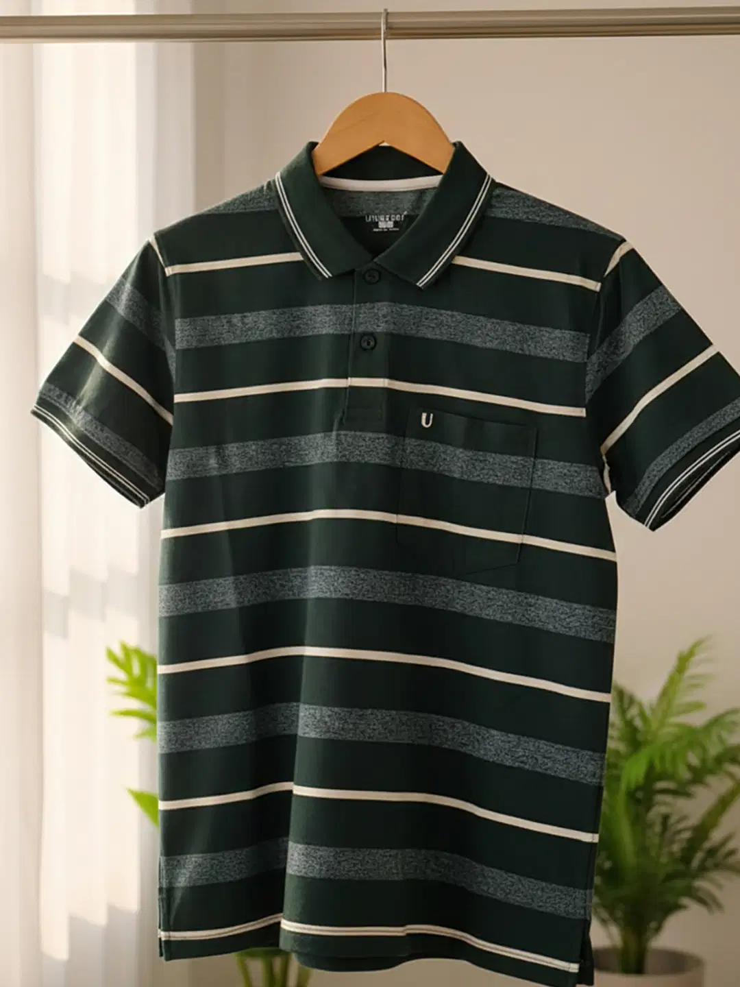Men Cotton Blend Regular Fit Striped Polo T Shirt ( Dark Green )