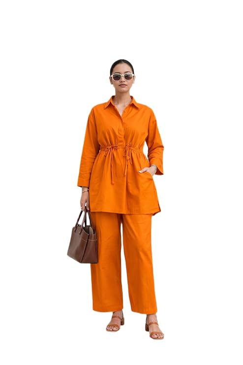 Candy Orange Elastic Coordinated Set Womens Loose Fit Shirt Pant Outfit