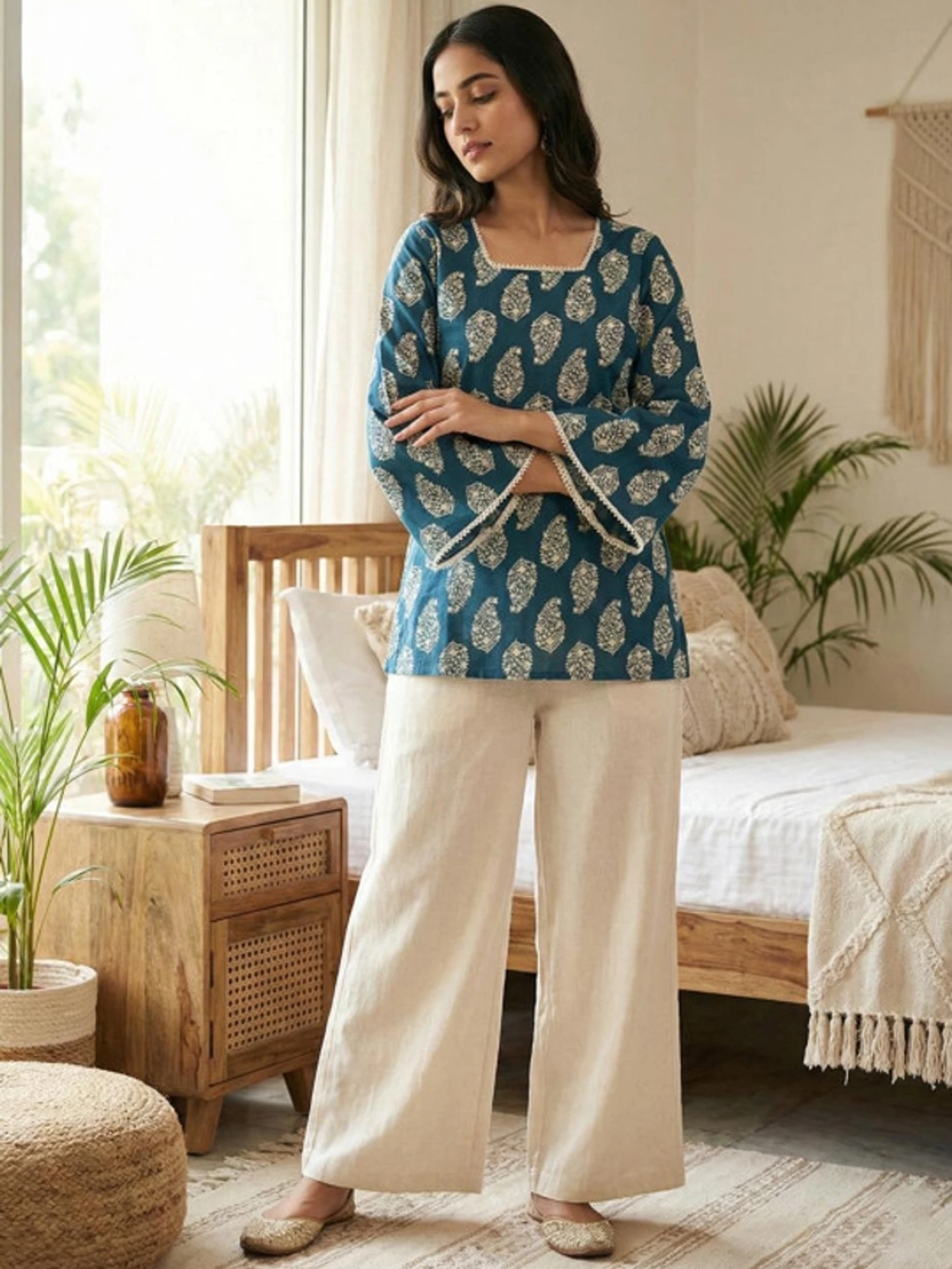 Women Printed Viscose Rayon Straight Kurta (Blue)