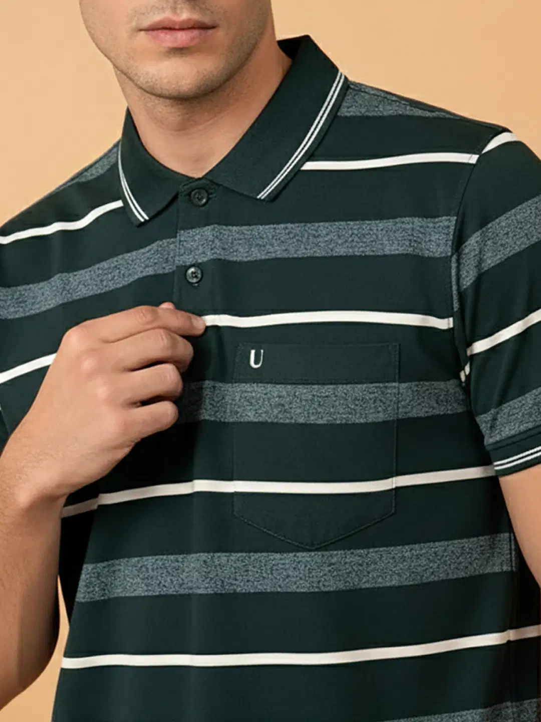 Men Cotton Blend Regular Fit Striped Polo T Shirt ( Dark Green )