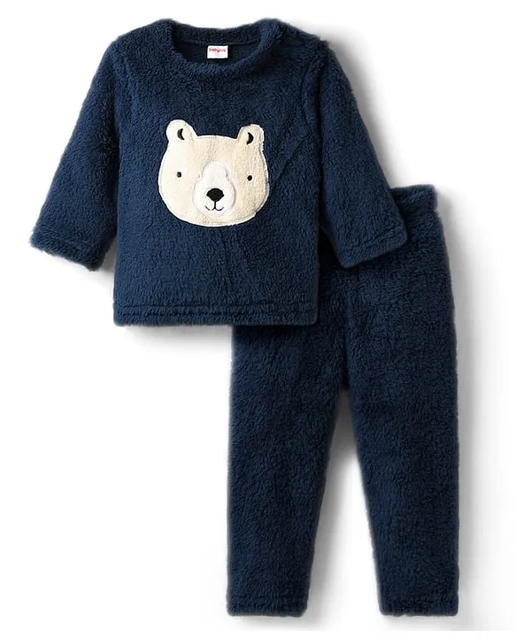 Woven Full Sleeves Winter Wear Sweatshirt & Lounge Pant Set With Teddy Bear Patch - Navy Blue