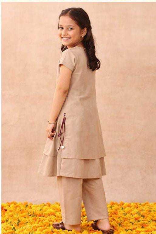 Beige Embroidered Double Layered Silk Kurta And Pants (Set of 2)