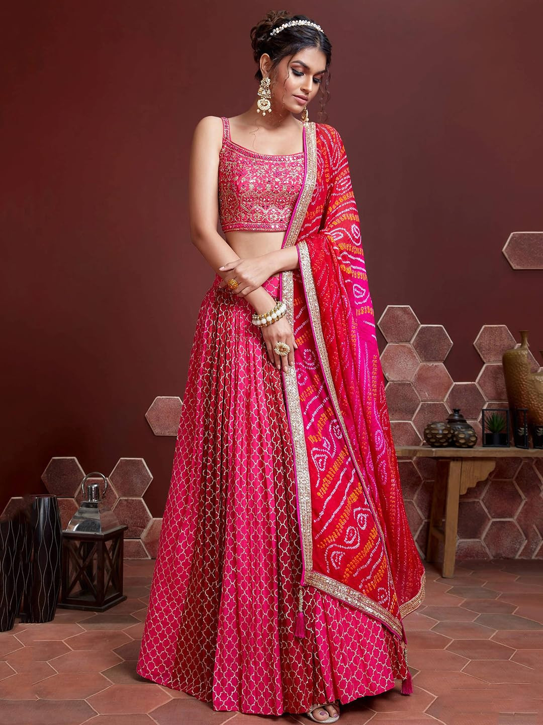 Women's Chinnon Silk Embroidered Semi-Stitched Lehenga Choli with Dupatta in Pink Free Size