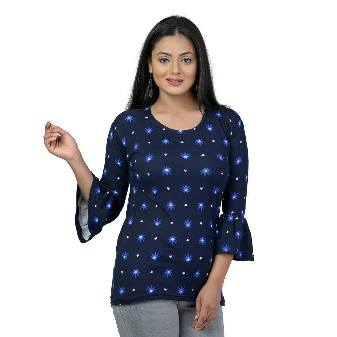 Elegant Navy Blue Lycra Floral Print Women Tops with with a Free Key Ring Regular