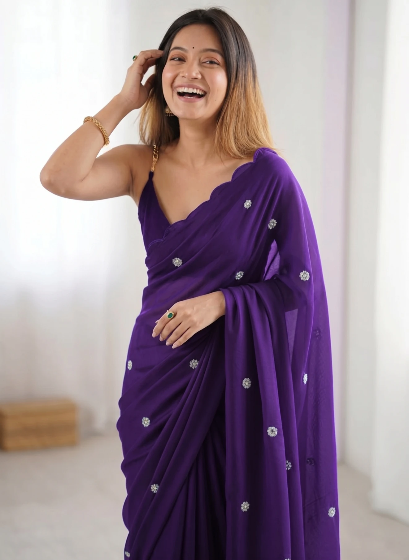 MAHADEV CREATION Embellished, Embroidered, Floral Print Bollywood Chiffon Saree (Purple)