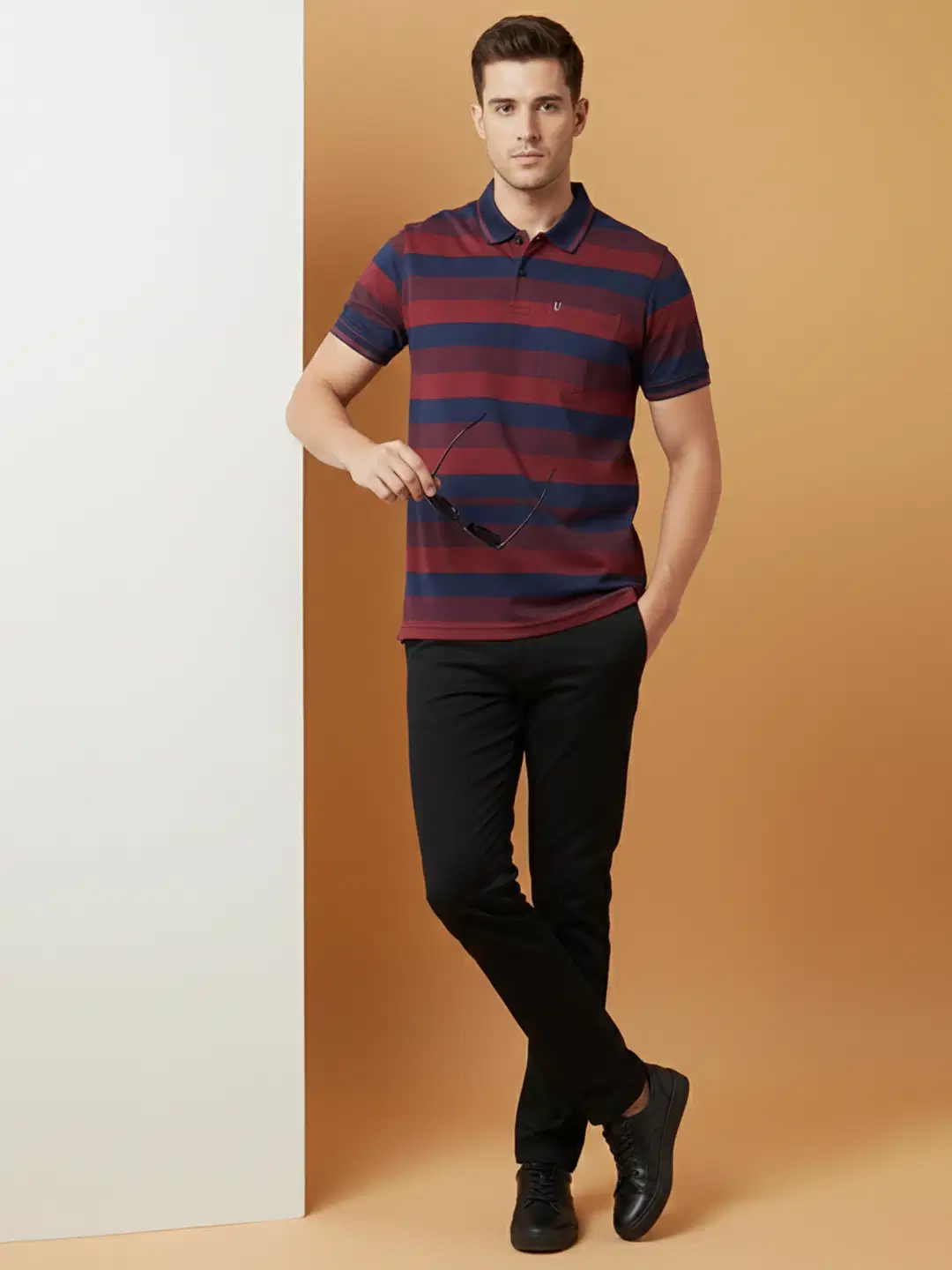 Men Cotton Blend Regular Fit Striped Polo T Shirt ( Maroon )
