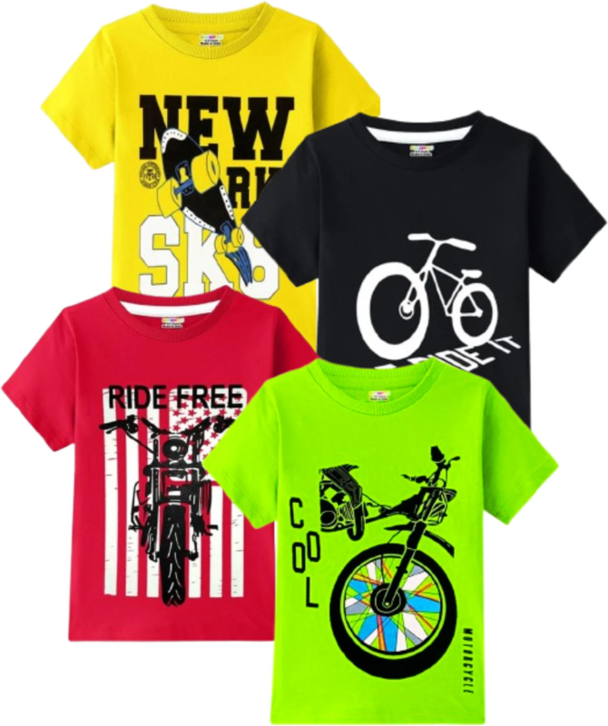 Boys Printed Pure Cotton Regular T Shirt (Multicolor, Pack of 4)