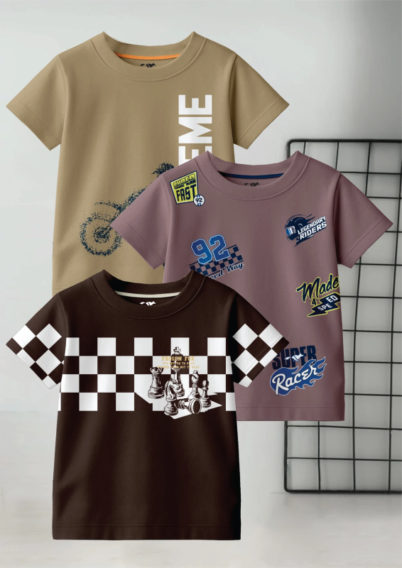 Boys Printed Pure Cotton Regular T Shirt (Multicolor, Pack of 3)