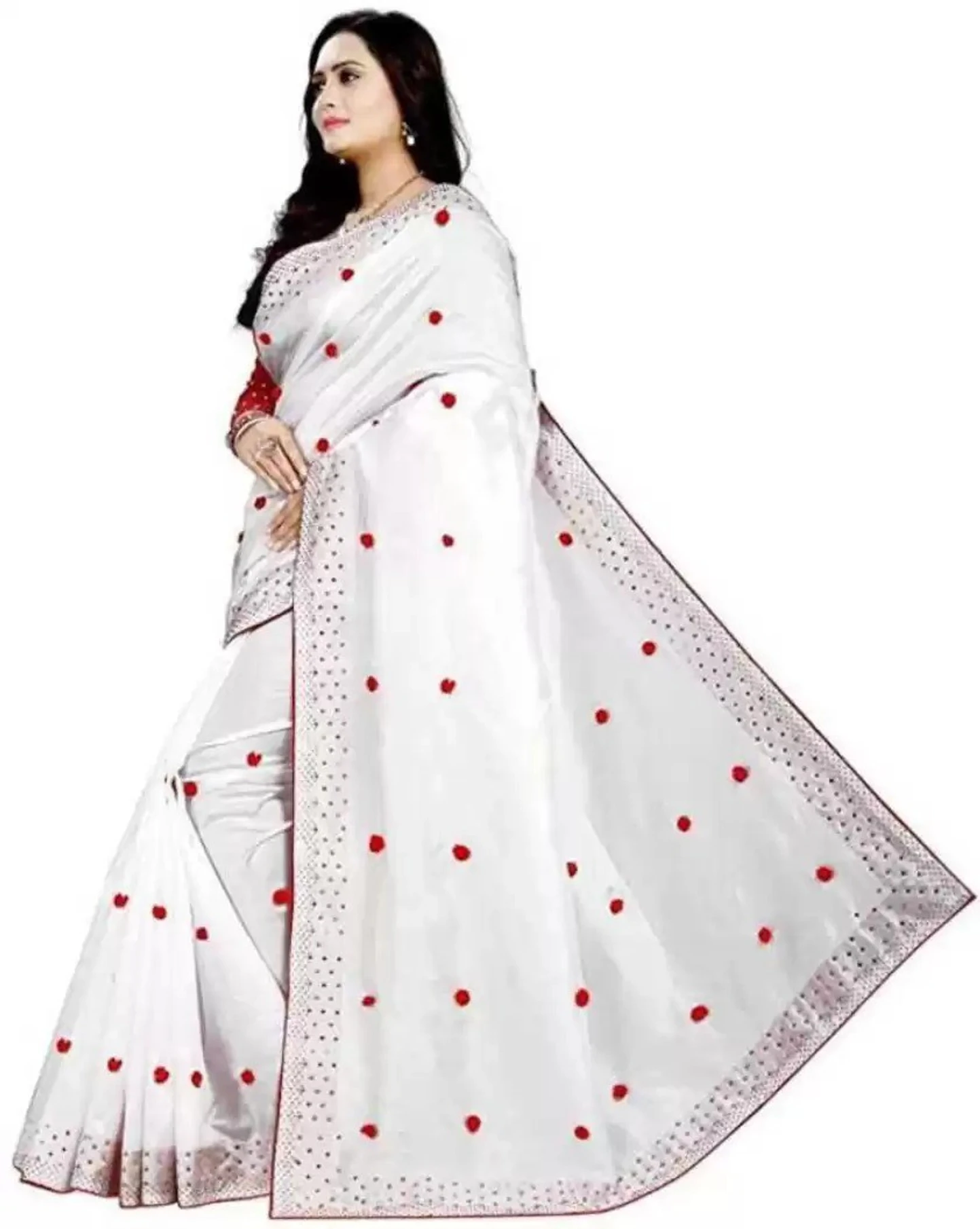 VRINDITA FASHION Embroidered Bollywood Art Silk Saree (White)