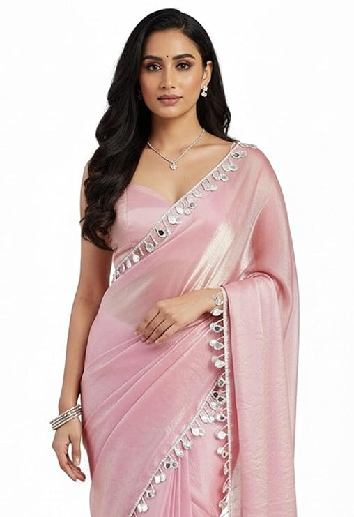 SATAZ Women's Ready to Wear Rose Pink Satin Tissue Silk Saree With Mirror Lace And Unstitched Blouse