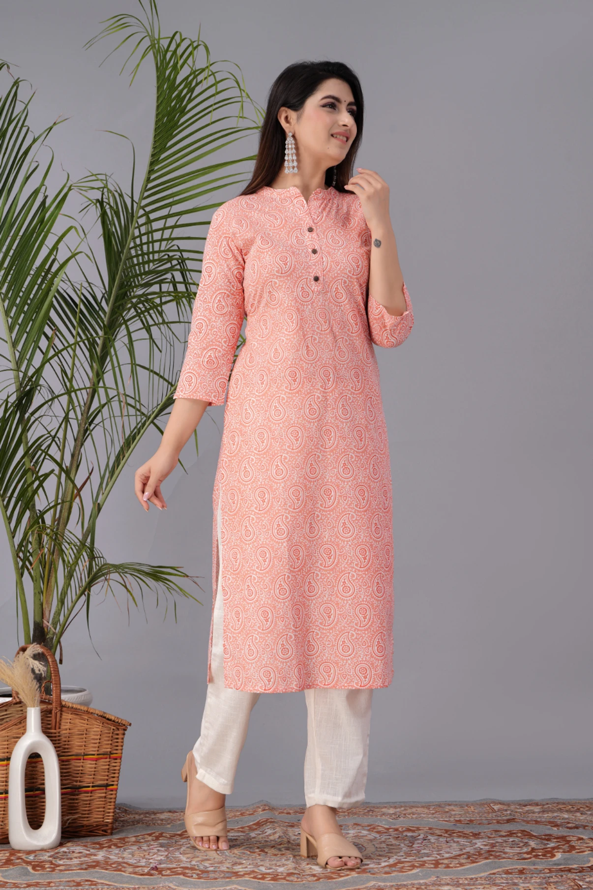 Printed Pure Cotton Straight Kurta (Pink))