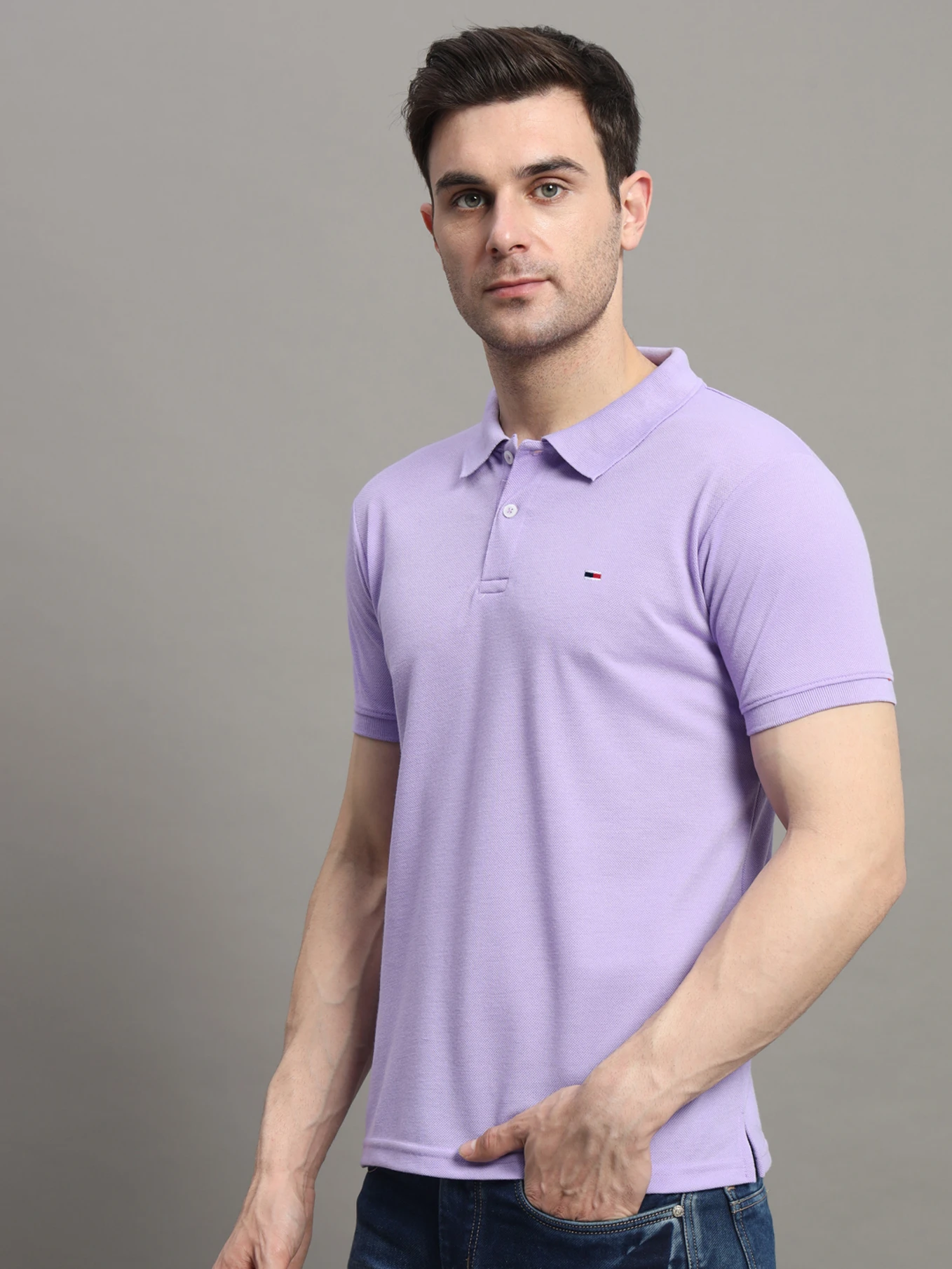 R ARHAN Men Solid Polo Neck Cotton Blend Purple T-Shirt