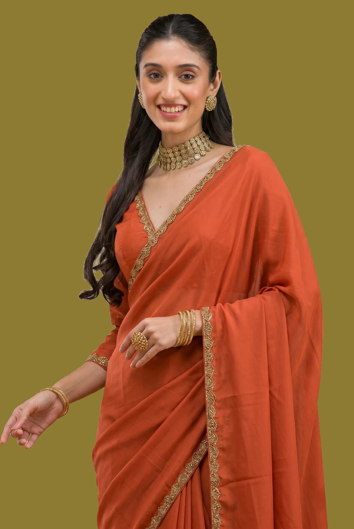 ShivFashionMart Self Design Bollywood Silk Blend Saree (Orange)