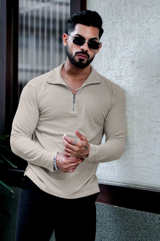 Men Cotton Blend Regular Fit Self Design Polo T Shirt ( Beige )