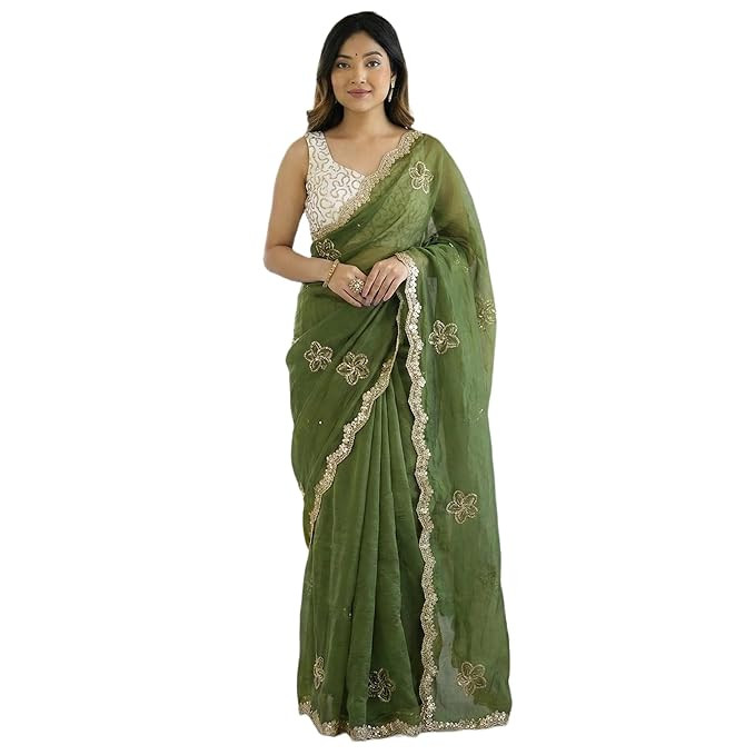 Amazon Brand - Tavasya Green Silk Saree for Women with Multi-VAL Sequence Embroidery and Bangalori Lace Blouse – Wedding, Party & Festive Ethnic Wear