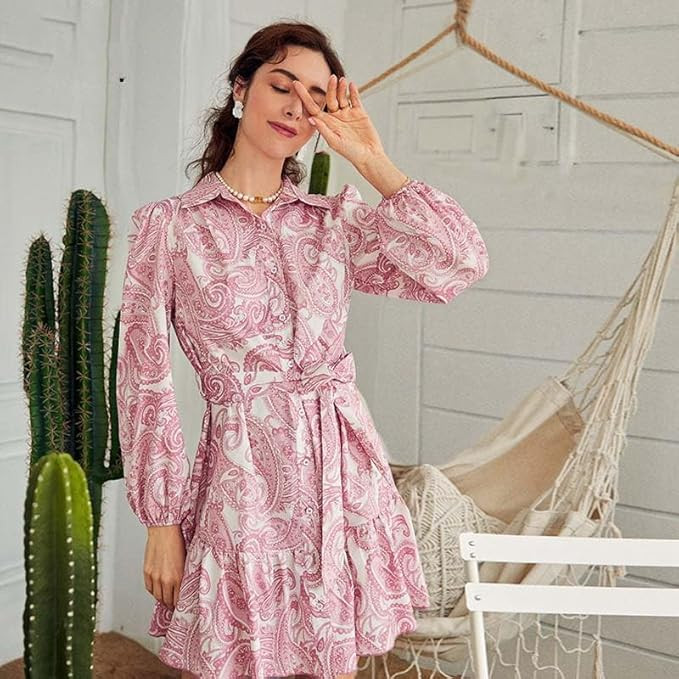 GRECIILOOKS Women's Paisley Shirt Dress – Belted Waist, Puff Sleeves, Button-Down Front, Elegant Casual Wear